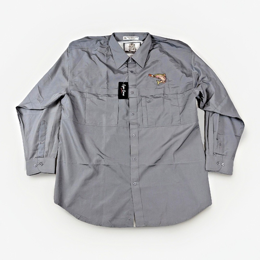 Tiger Hill Fishing Shirt‎ Mens 2XL Gray Trout Smoking Cigar Performance Poplin